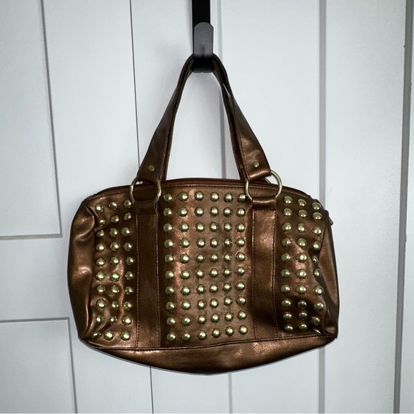 Bronze Faux Leather Embellished with Gold Studs- Bisou Bisou Satchel Bag - Picture 2 of 9